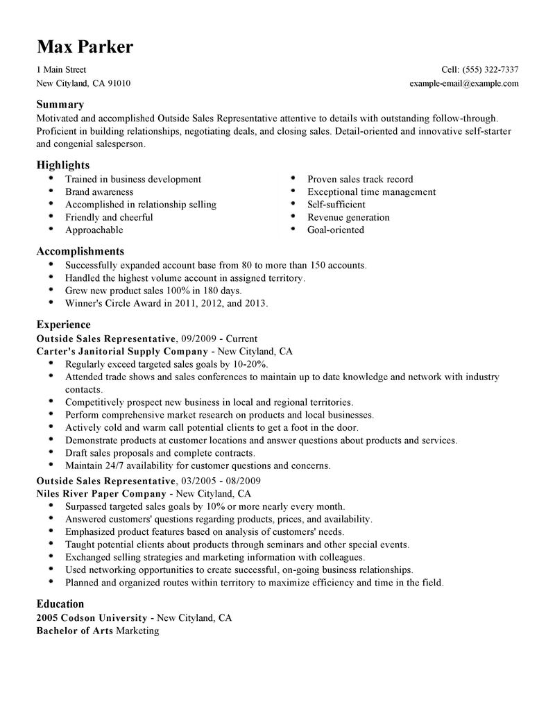 Outside sales job resume examples