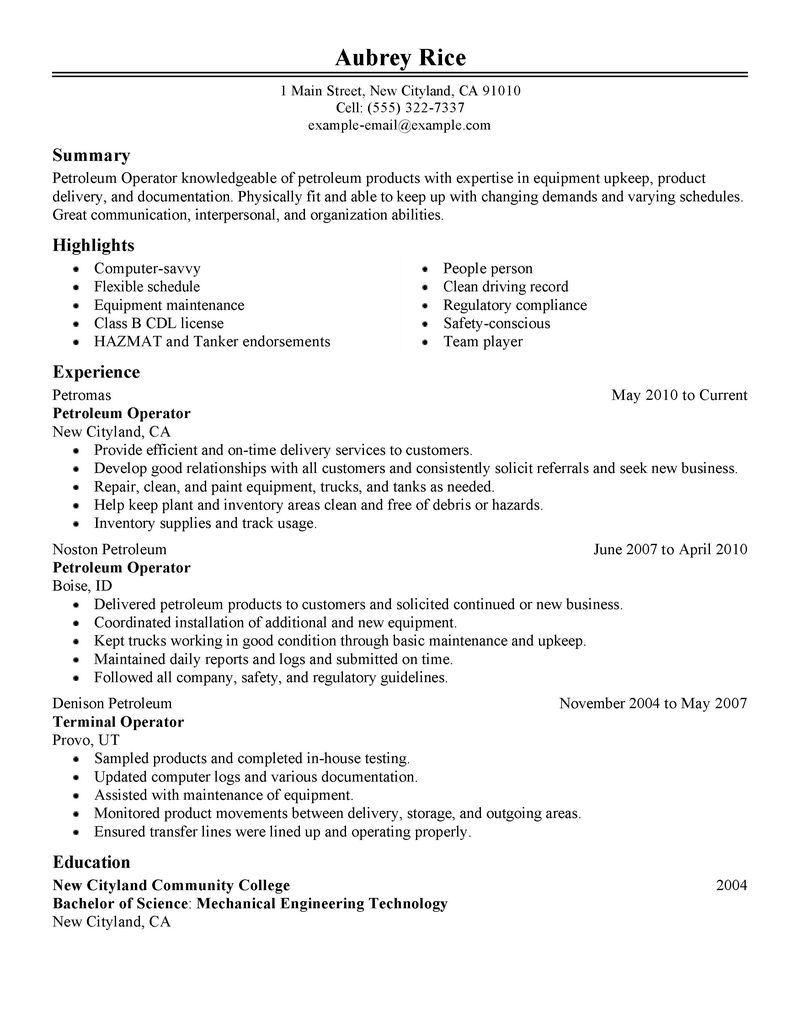 Petroleum Operator Resume Example - Agriculture