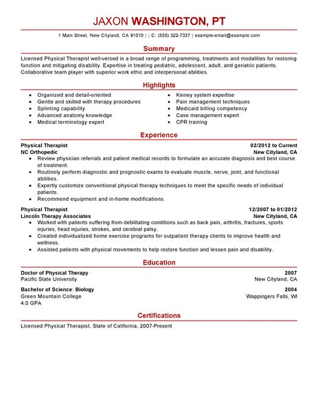 Physical resume sample therapy