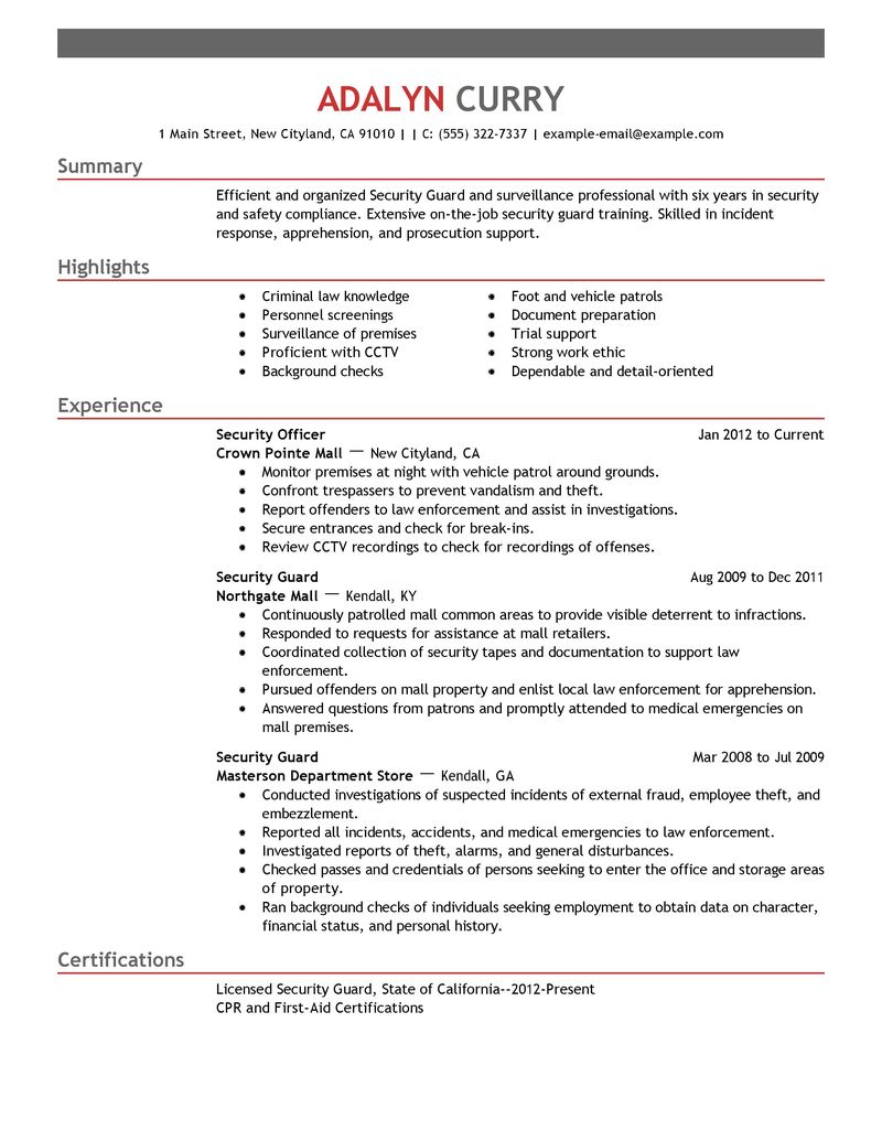 Security guard job resume sample