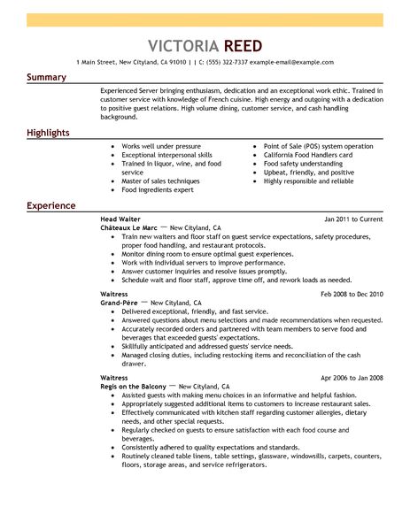 Fine dining server resume samples | jobhero