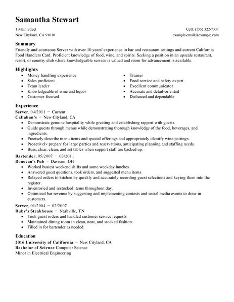 Food server resume sample