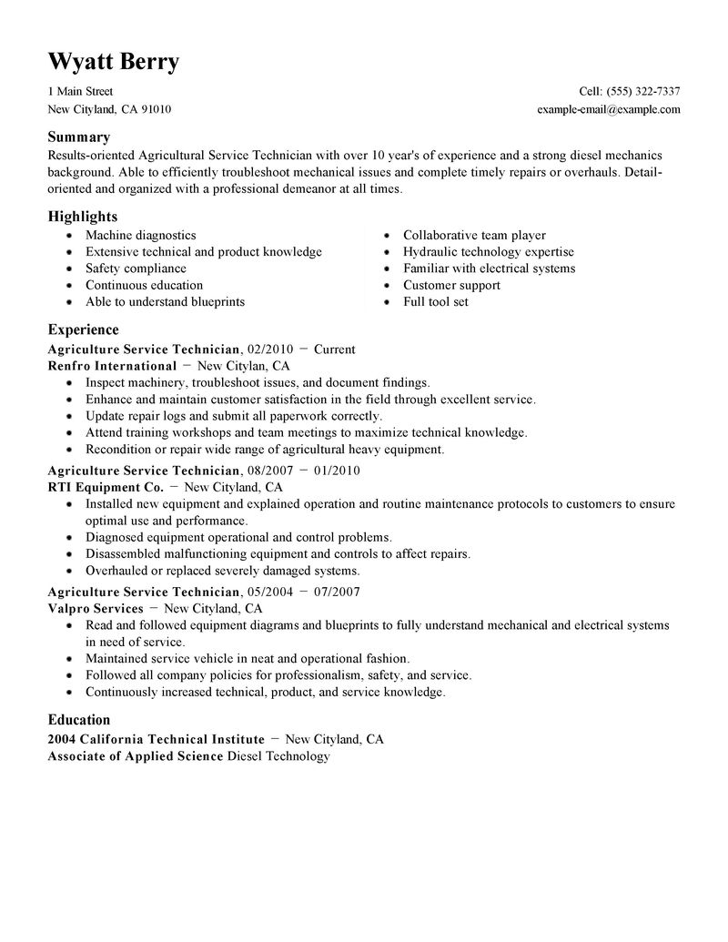 service technician resume example agriculture