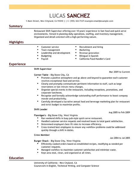 Supervisor cafe resume