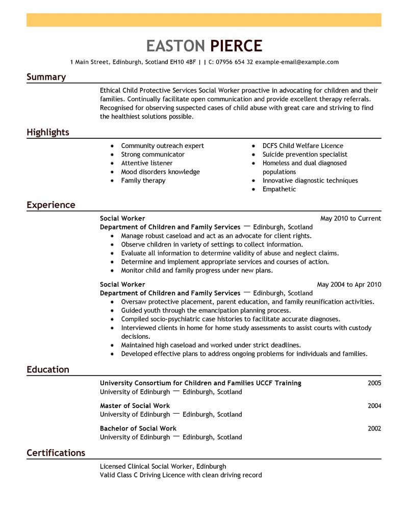 Resume for social services