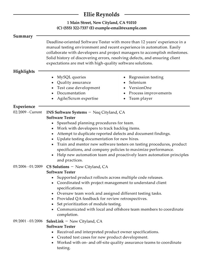 Sample resume for manual test engineer