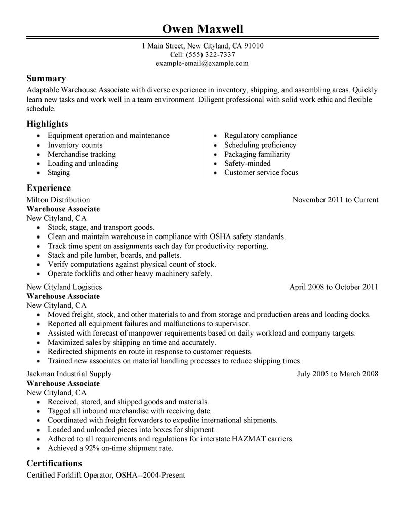 Forklift operator resume example