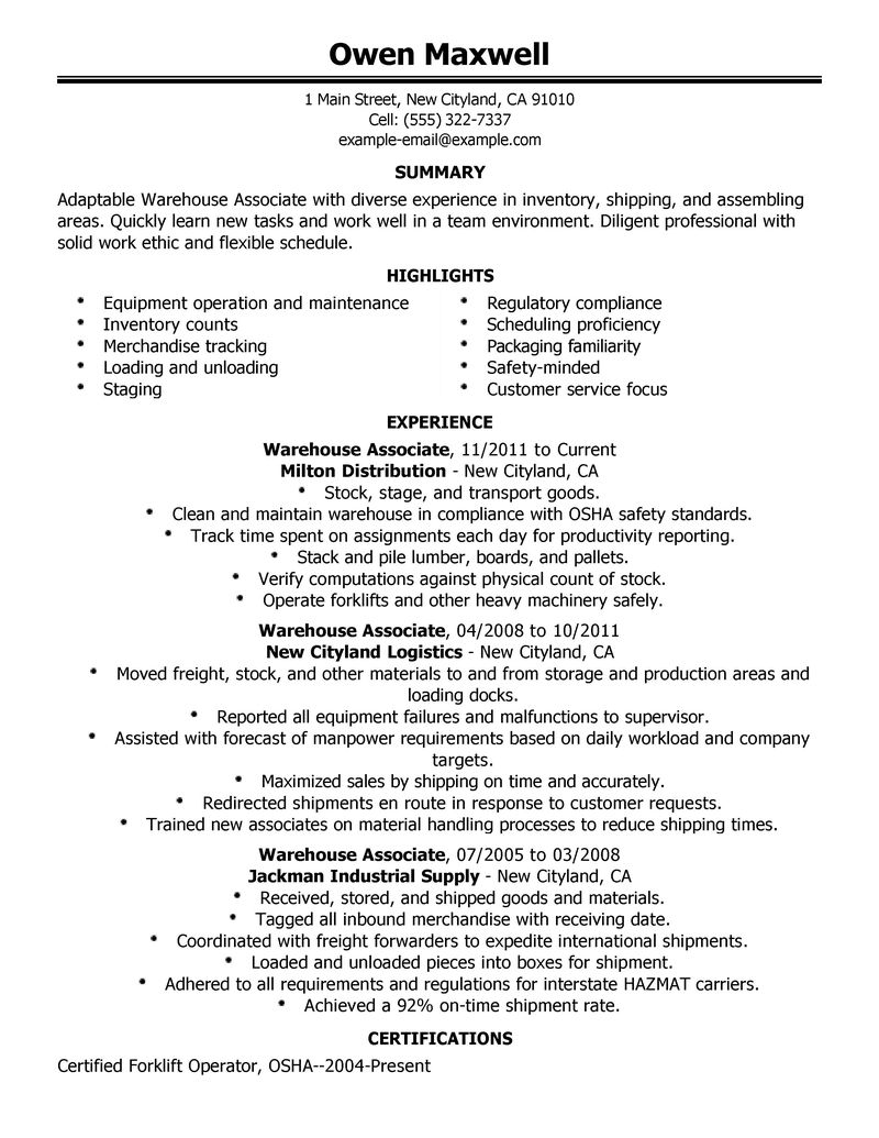 Resume sample for warehouse coordinator