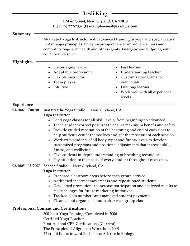 Resume Examples: Yoga Instructor