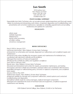 Resume Template Auto Body Technician