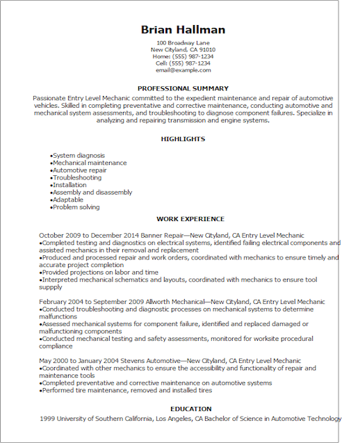 entry level automotive technician resumes