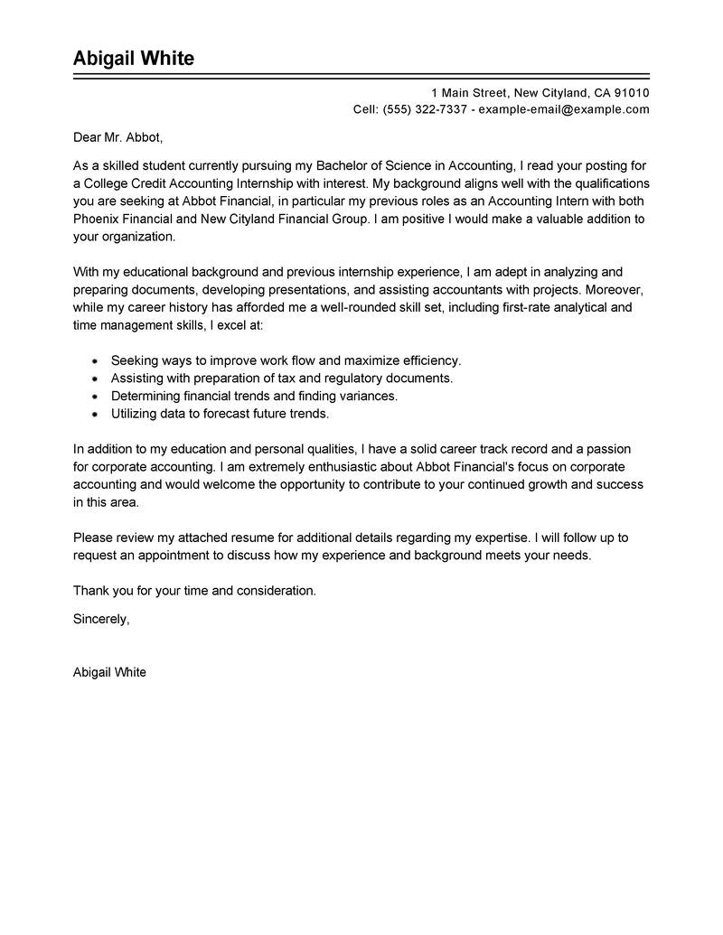 accounting internship cover letter with experience