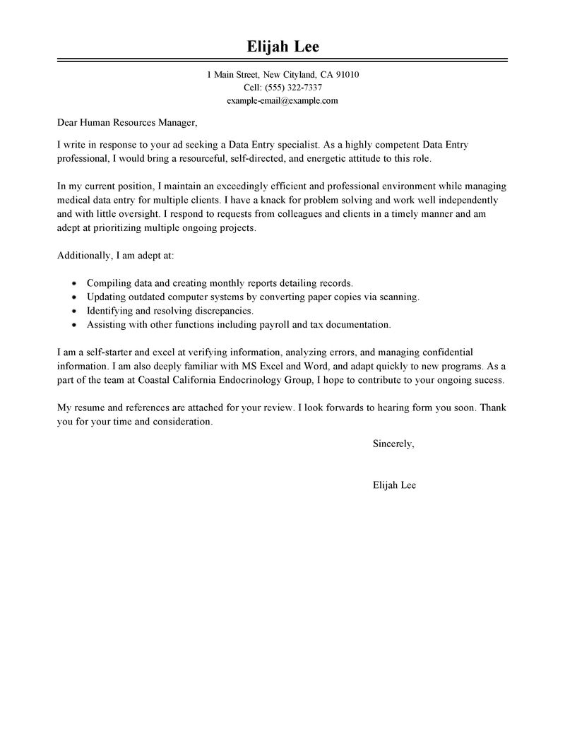 resume cover letter examples data entry