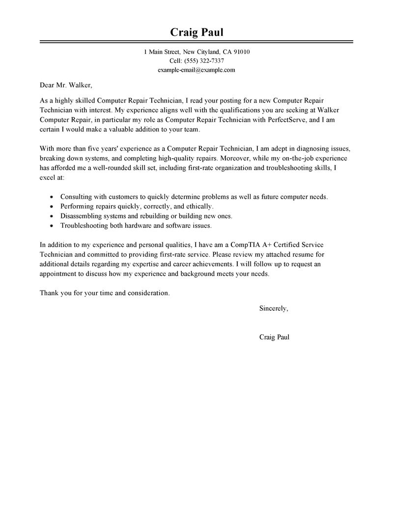 Pc Technician Cover Letter Computer Repair Technician Cover Letter Examples