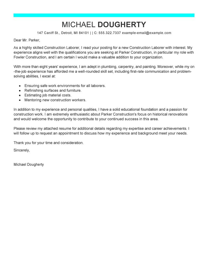 Cover letter examples for construction