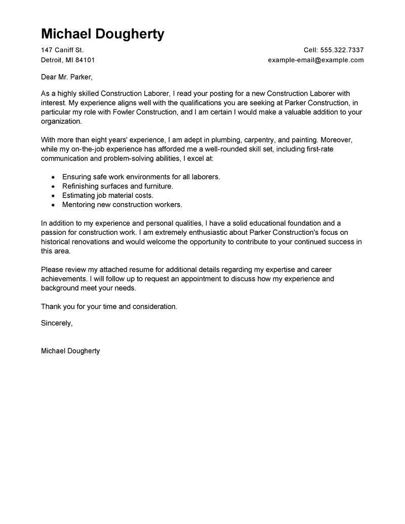 cover letter for construction job application sample