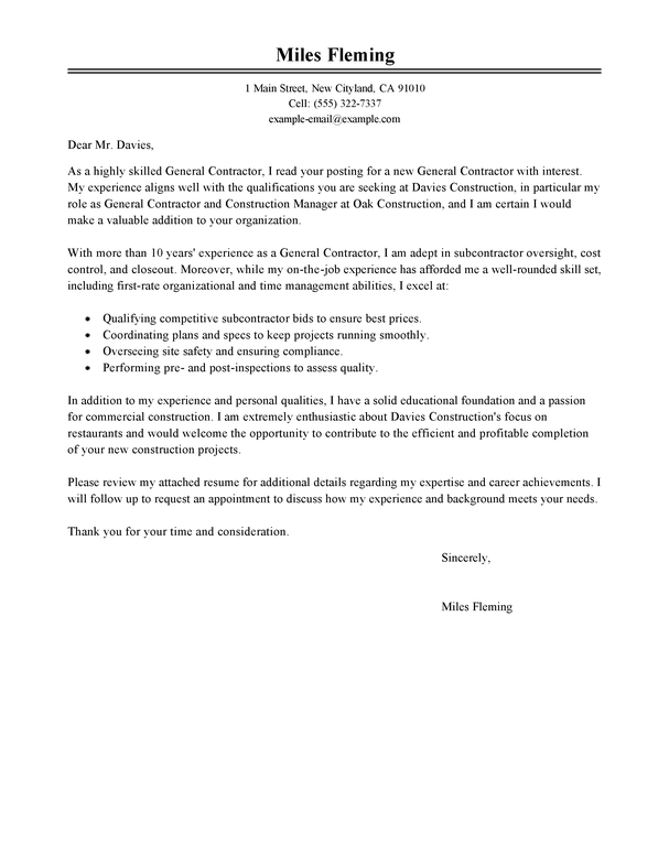 Best General Contractor Cover Letter Examples | LiveCareer