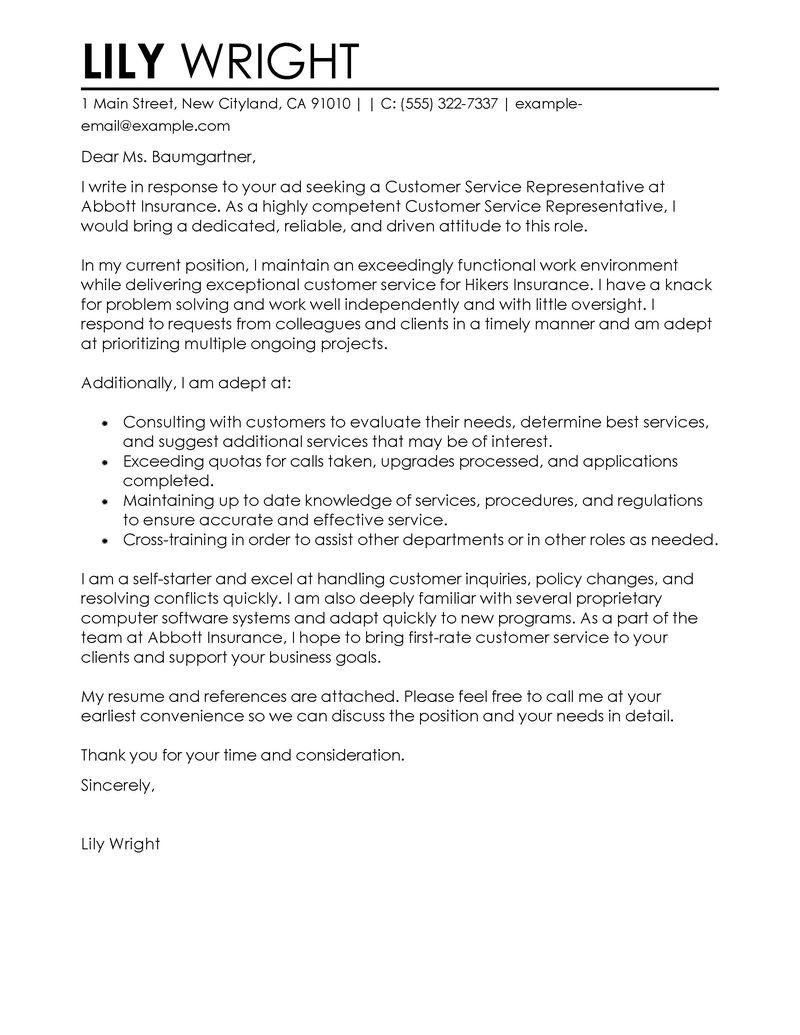 Application Letter Customer Service Representative