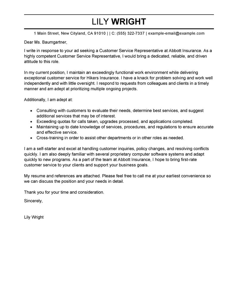 sample of cover letter for customer service representative