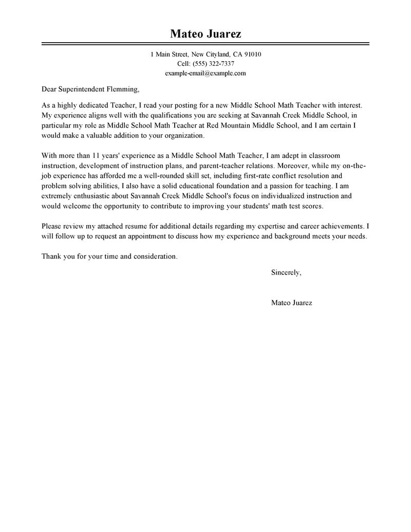 teacher cover letter example