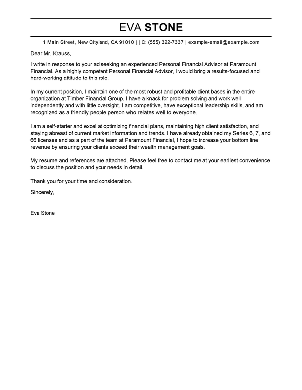 Best Personal Financial Advisor Cover Letter Examples