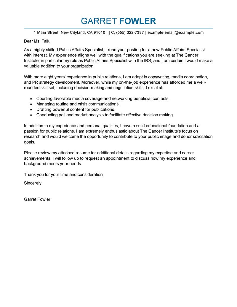 Public relations account executive cover letter sample