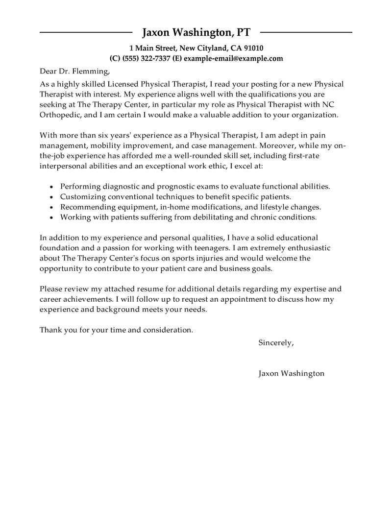 Cover letter examples for physiotherapist assistant