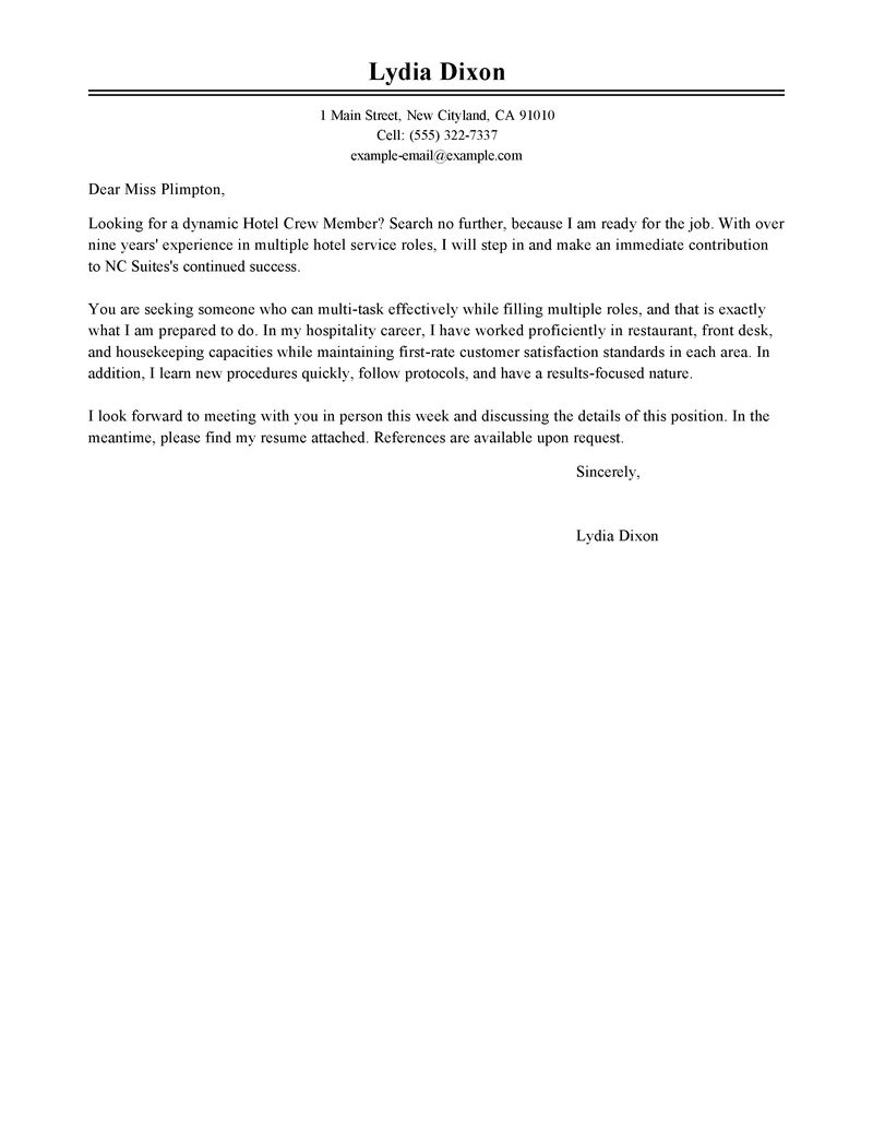 Hospitality industry cover letter examples