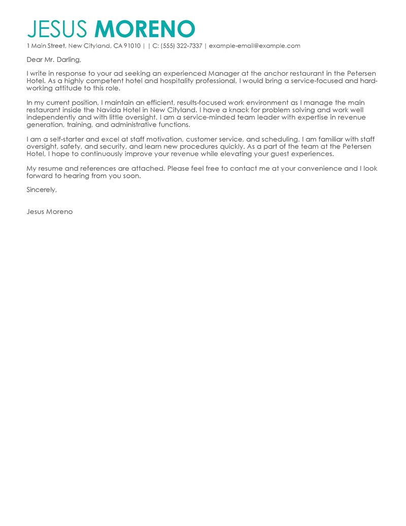 hospitality cv cover letter