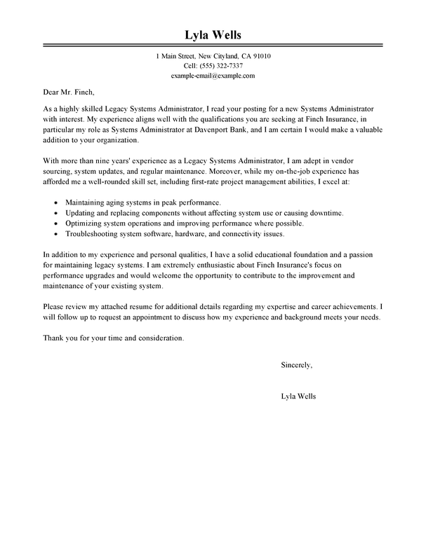 Cover letter for systems administrator