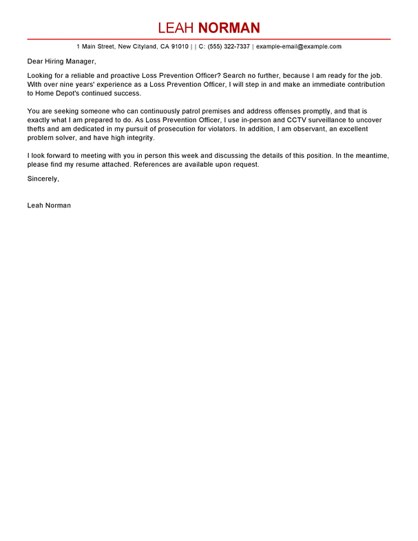 loss prevention cover letters