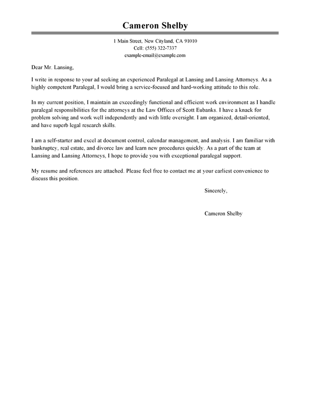 Sample cover letter for in house legal position