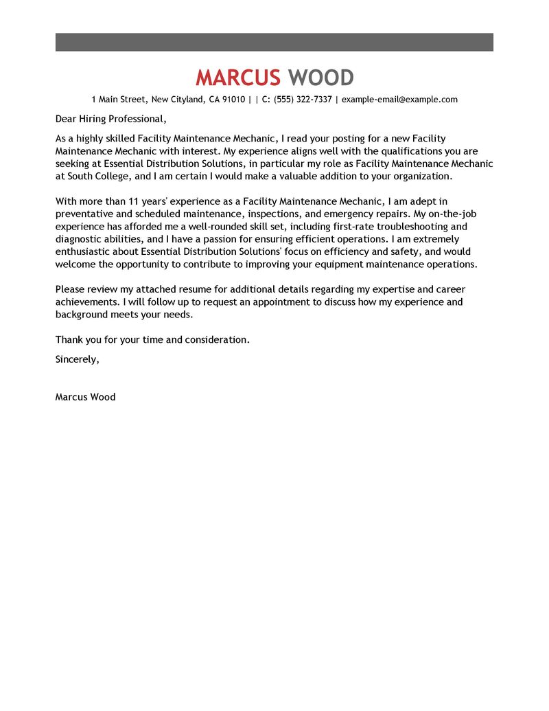 maintenance technician cover letters