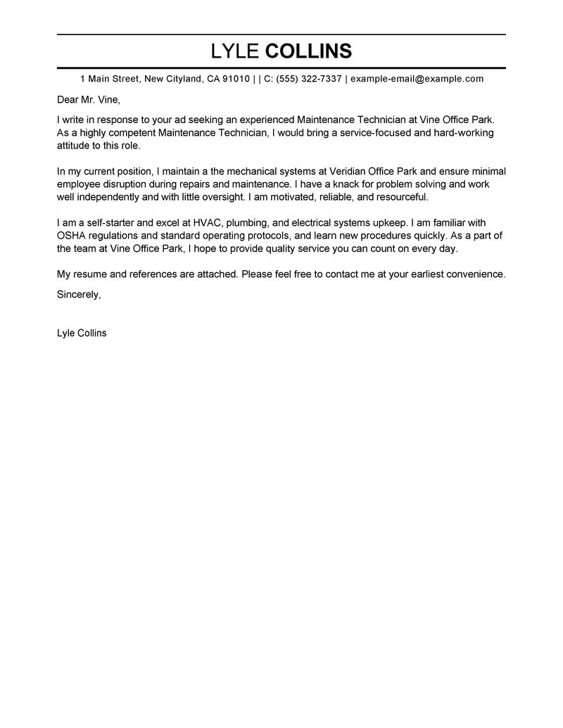 cover letter for maintenance