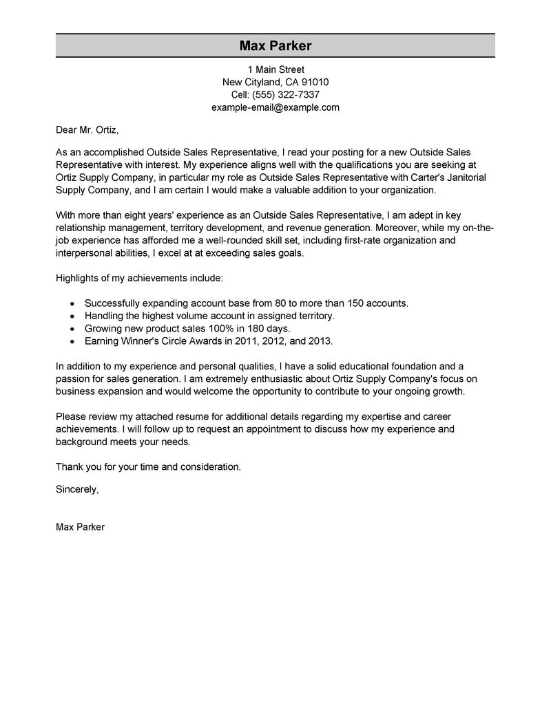 Outside Sales Cover Letter Outside Sales Representative Cover Letter Examples