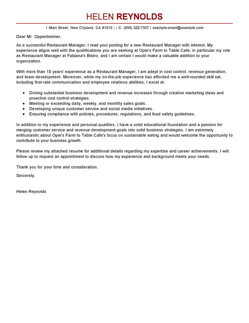 restaurant general manager job cover letter
