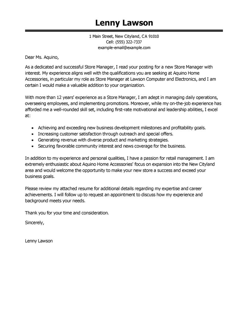 Retail Manager Cover Letter Store Manager Cover Letter Examples