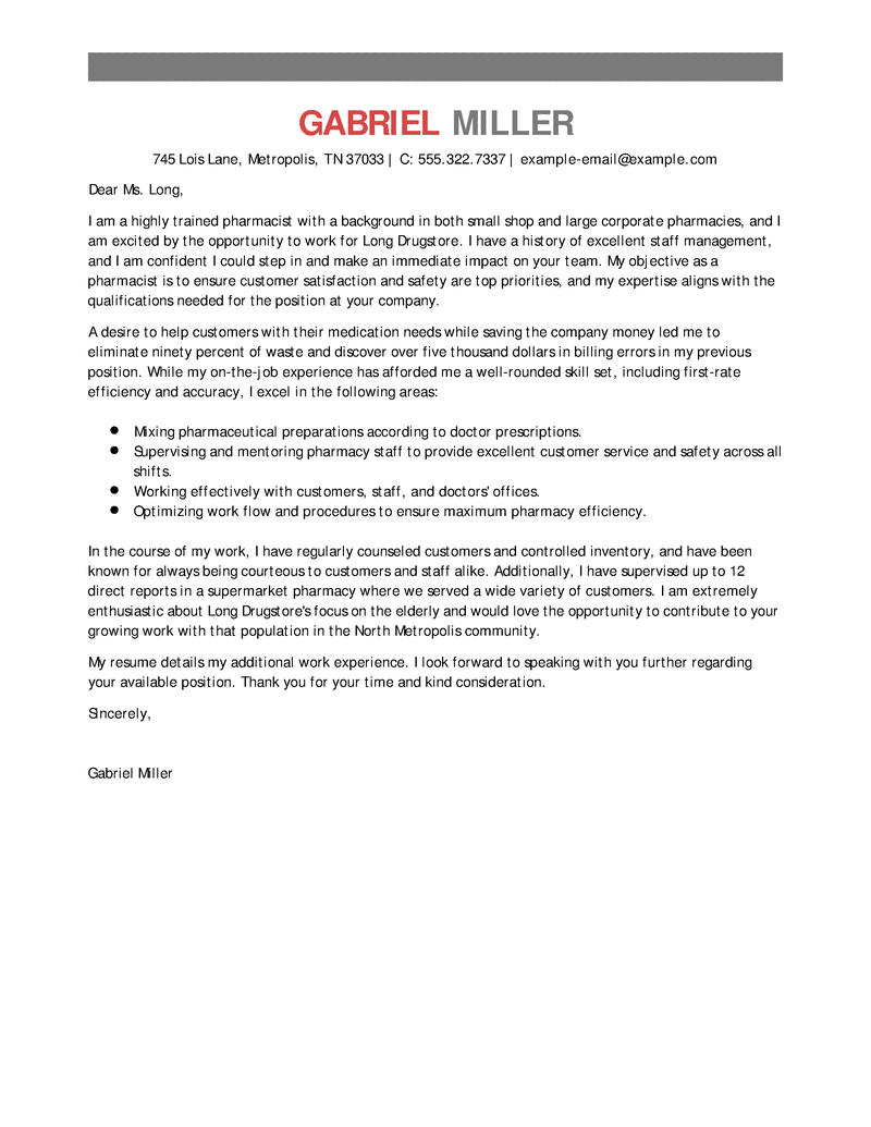 Best Pharmacist Cover Letter Examples | LiveCareer