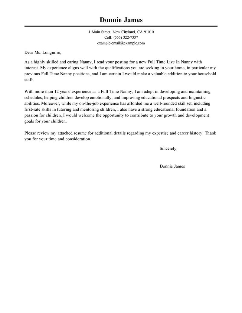 Nanny Cover Letter Samples Full Time Nanny Cover Letter Examples