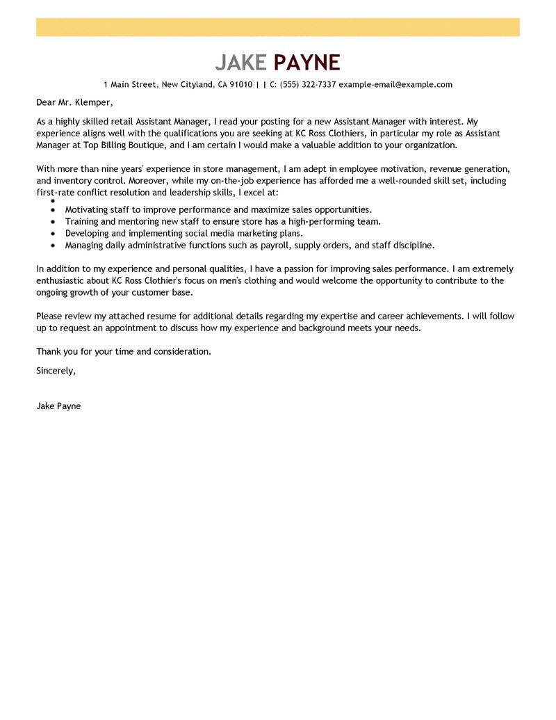 Cover letter examples retail assistant