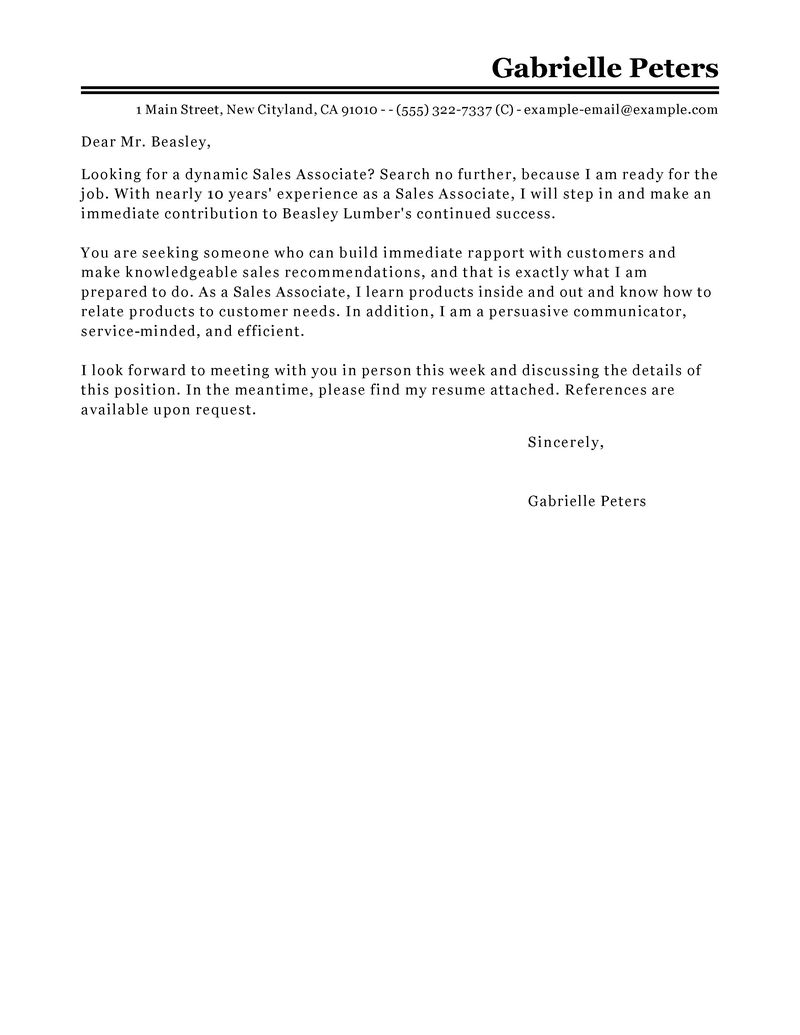 Cover letter example for sales associate