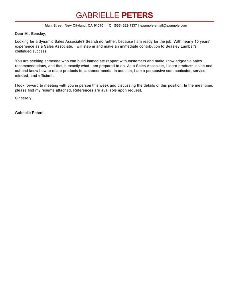 Cover letter for a sales associate