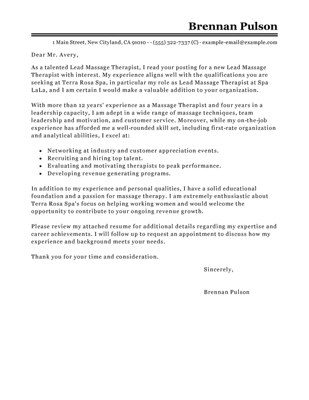 Lead massage therapist cover letter