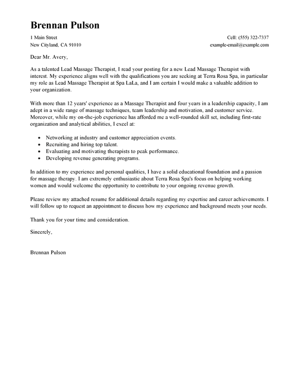 Lead massage therapist cover letter