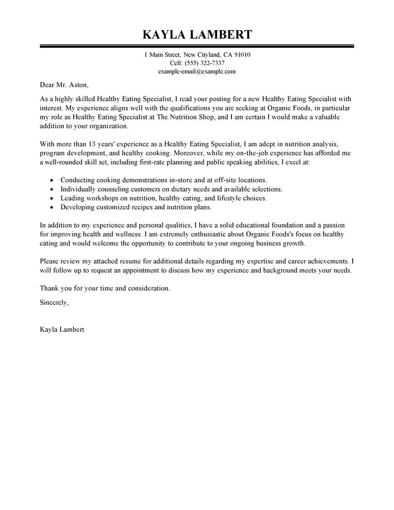 cover letter for nutrition supervisor position