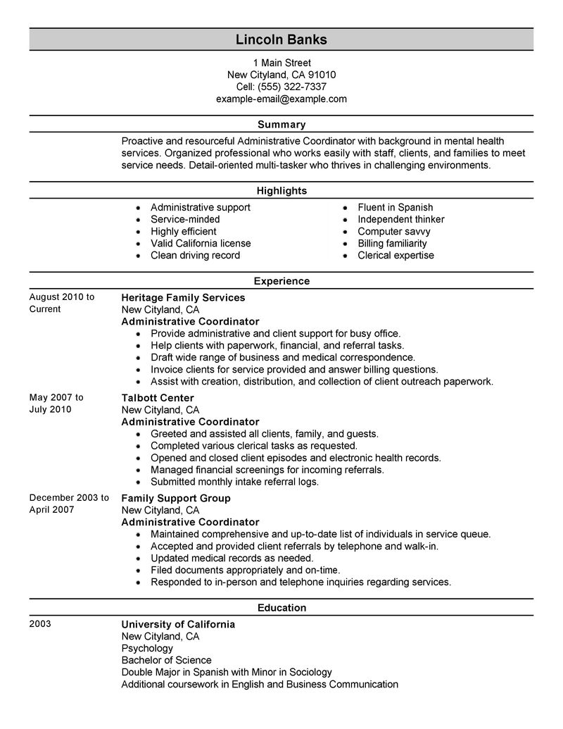 Mental health administration resume