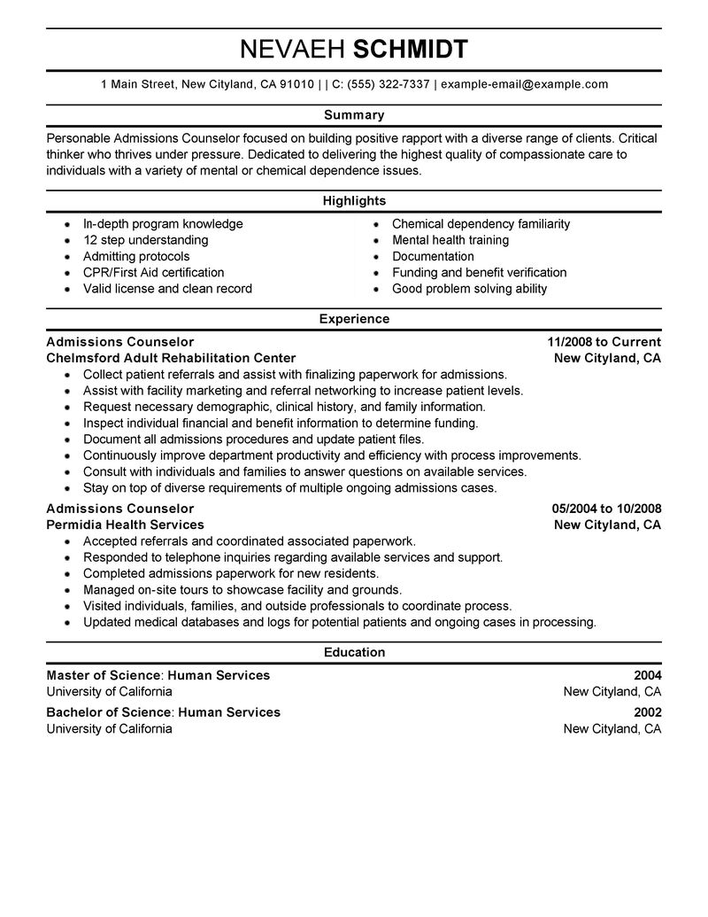 resume admission counselor