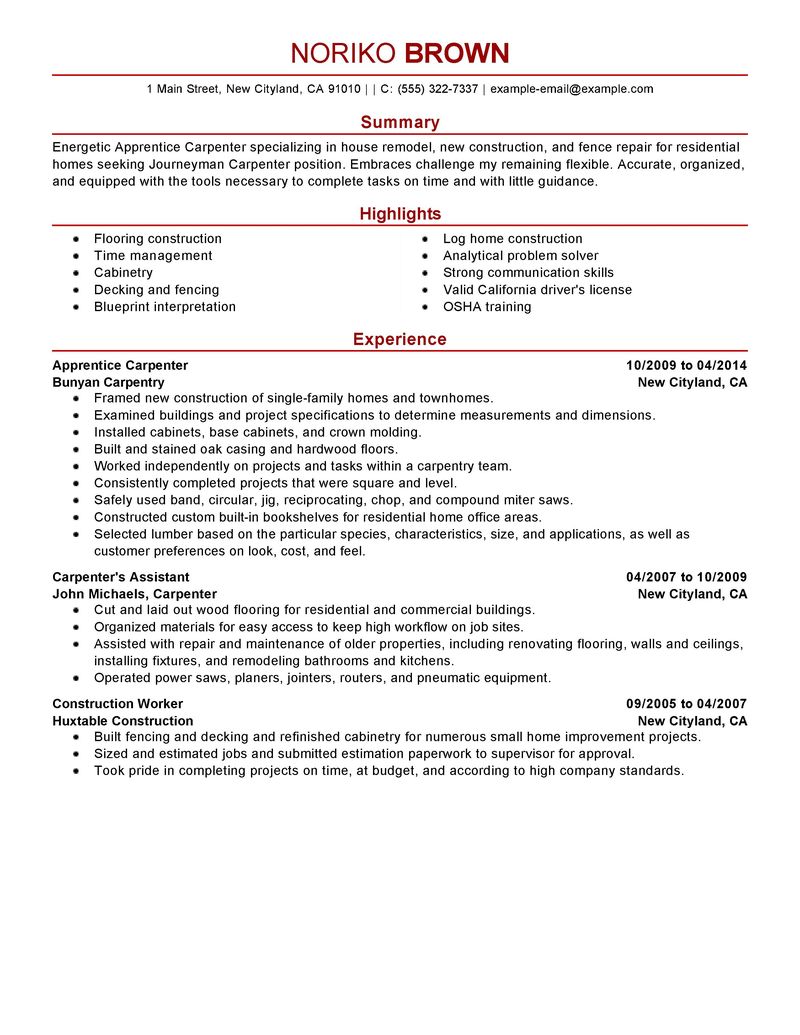 Apprentice Carpenter Sample Resume Apprentice Carpenter Sample Resume