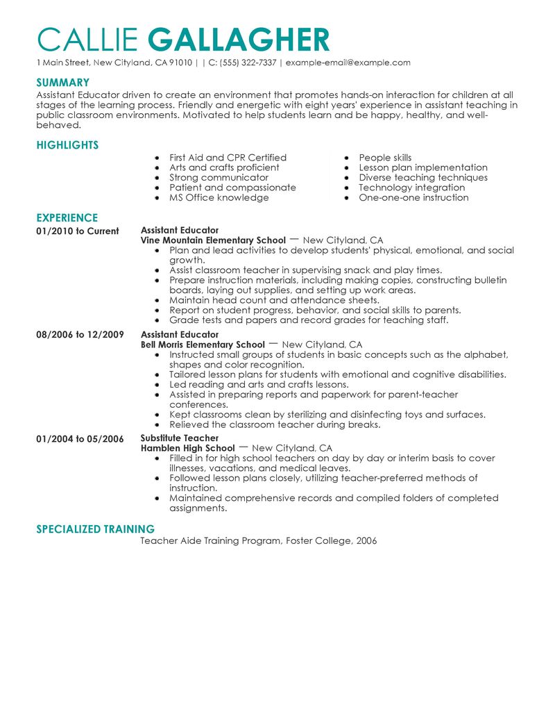 resume for assistant teacher
