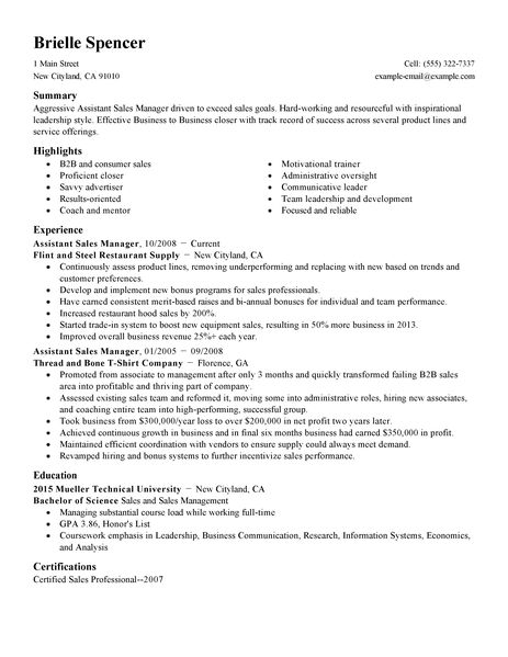 Assistant Sales Manager Resume Examples / Assistant Store Manager Resume Example | Manager Resumes ... : 752 nottingham road, springfield, il.